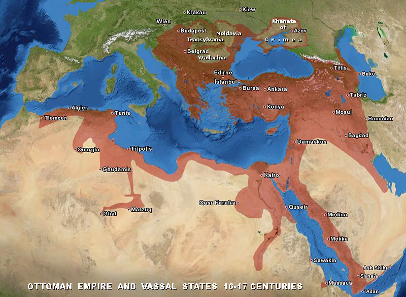 Osmanlı İmparatorluğu ve vâsıl devletler haritası — XVI-XVII. yüzyıl